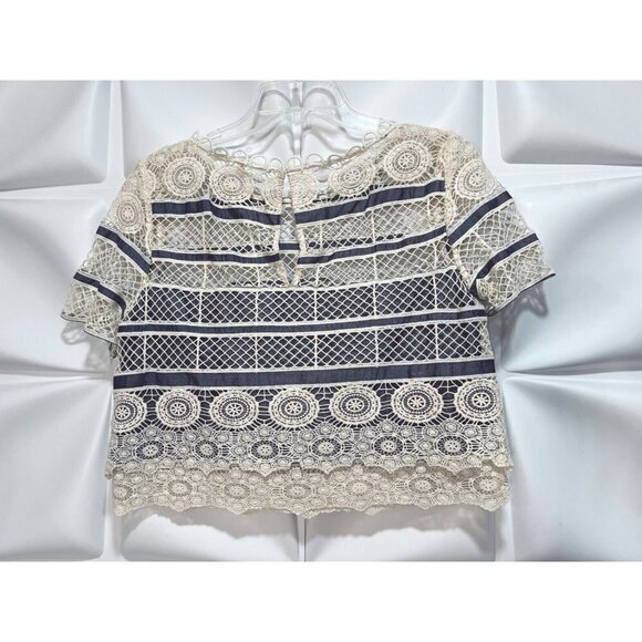 Elie Tahari Sz S 4 Cropped Crochet Lace Chambray Ivory Blue Skirt Top 2pc Set - Picture 12 of 16